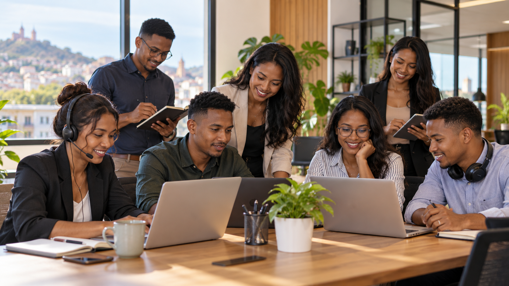 Équipe d'agents malagasy travaillant ensemble dans un environnement professionnel